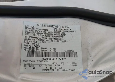 2004 Ford Taurus Se из США, поврежденный, VIN 1FAFP58S34A177219